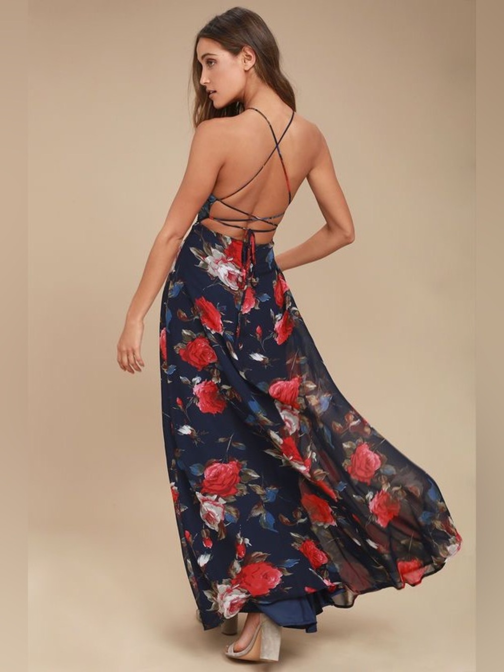 ❤️ LULUs Debut Navy Blue Maxi Halter Dress. Laced Back. Floral. Size SMALL